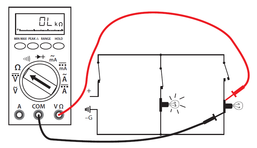  Digital multimeter set to measure resistance in a circuit